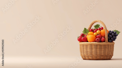 Woven picnic basket filled with fresh fruits like oranges, grapes, strawberries, and cherries sits against neutral background, evoking sense of freshness and abundance