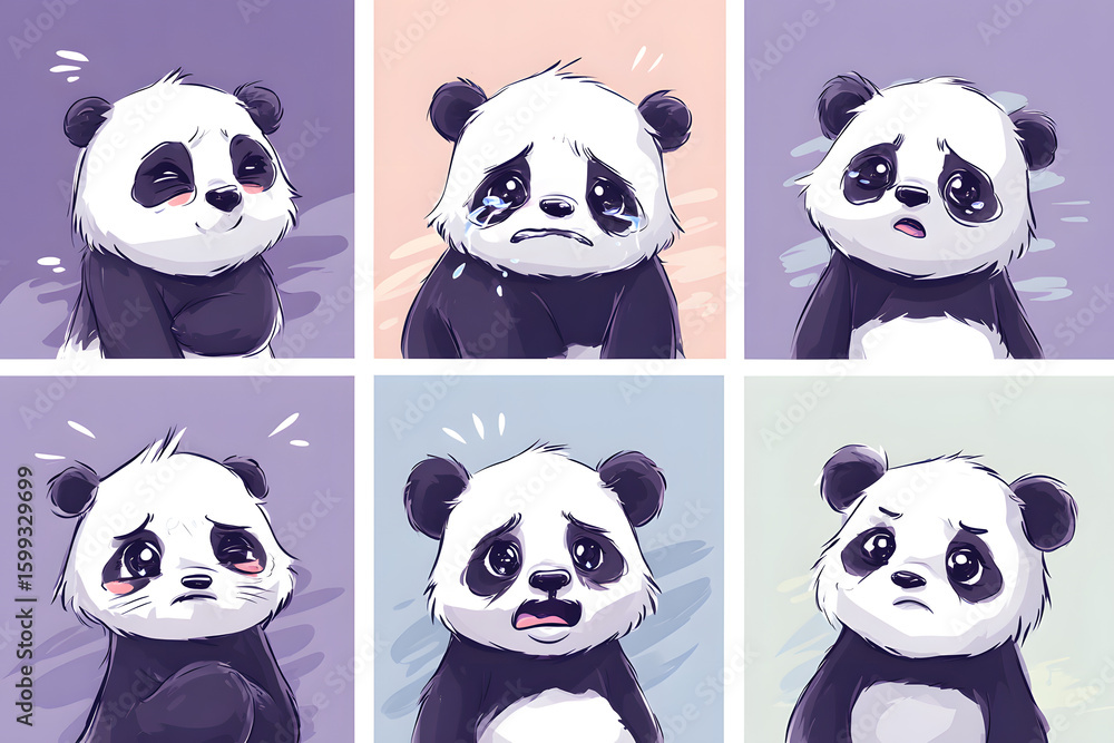 Fototapeta premium Adorable Cartoon Pandas Expressing Various Emotions in Six Panels