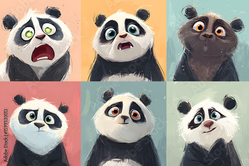 Playful Panda Expressions in Colorful Cartoon Style Illustrations