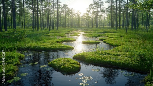 Serene Sunrise in a Verdant Pine Forest Marsh