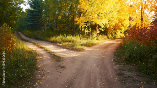 A forked path through a golden autumn forest, symbolizing life's choices under soft sunlight.