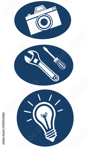 Blue icons representing photography tools and ideas