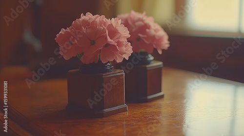 Delicate Pink Flowers in Wooden Vases on a Polished Table