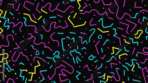 Colorful abstract pop art pattern from the 80s in Memphis style on black canvas