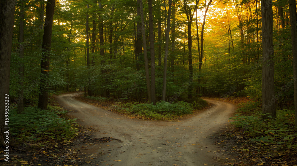 Fototapeta premium A forked path through a golden autumn forest, symbolizing life's choices under soft sunlight.