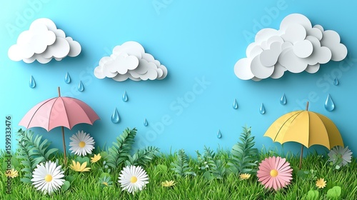 Rainy Day Delight: Paper Craft Spring Scene with Umbrellas and Flowers
