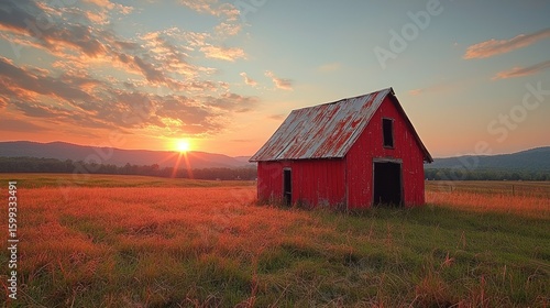 Serene Sunset Over a Rustic Red Barn in a Golden Field