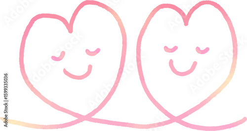 目をつぶって笑顔で寄り添う2つのピンクのハート 愛
