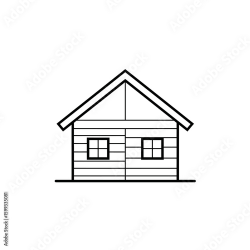 Simple line drawing of a small log cabin with two windows and a pitched roof, isolated on a white background.