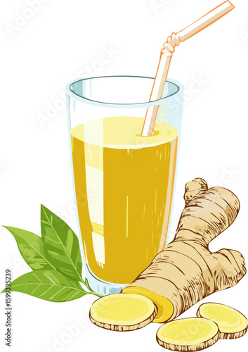 A refreshing ginger drink in a glass, accompanied by fresh ginger root, slices, and green leaves. The drink has a vibrant yellow color with a straw.