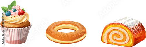 Delicious cupcakes, donut, and Swiss roll, offering a sweet, tempting treat