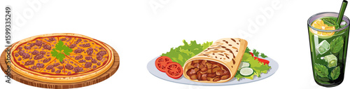 A Delicious Pizza, a Tasty Burrito and a refreshing glass of drink