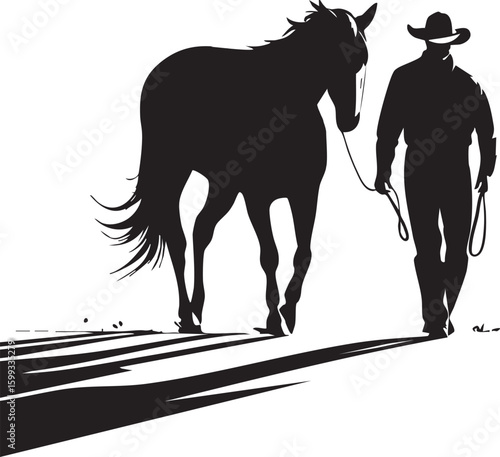 Silhouette of a cowboy leading his horse across a sunlit landscape