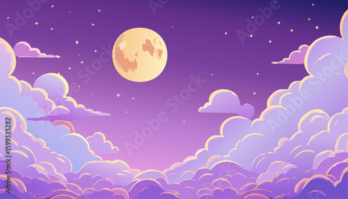 A dreamy illustration features a full moon shining above a sea of clouds at dusk. The sky is awash with hues of purple and pink, creating a sense of serenity and wonder.