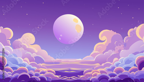 Dreamy night scene featuring a big moon, clouds and stars in the purple sky