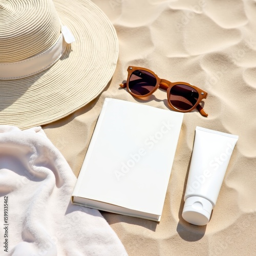 Woven Beach Bag with Towel, Book and Sunglasses on Sand