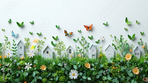Whimsical Spring Village: Miniature Houses nestled in a vibrant floral landscape, adorned with butterflies and lush greenery. A serene springtime scene.