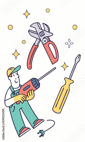 Cartoon worker using tools illustration