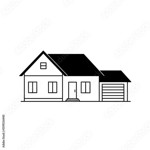 A simple black and white line art illustration depicts a classic suburban house with an attached garage, ideal for real estate and home-related designs.