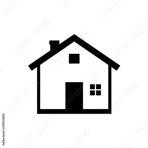A minimalist graphic illustration of a residential house with a chimney and windows, presented as a clear black silhouette on white.