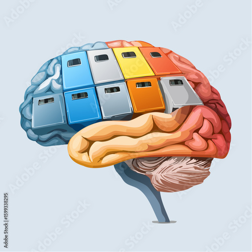 Human brain cutaway visualized as surreal file cabinets in compartments, symbolizing memory and mental storage.