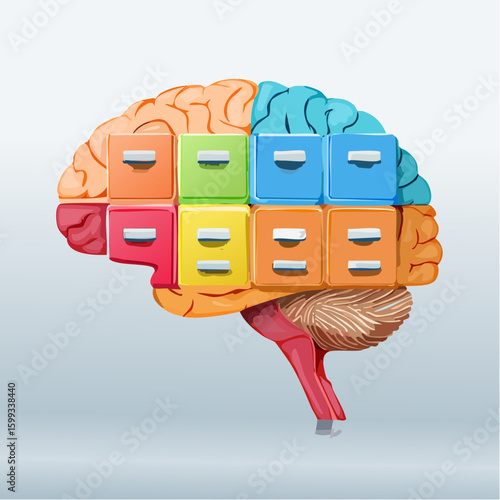 Human brain cutaway visualized as surreal file cabinets in compartments, symbolizing memory and mental storage.