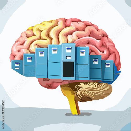 Human brain cutaway visualized as surreal file cabinets in compartments, symbolizing memory and mental storage.
