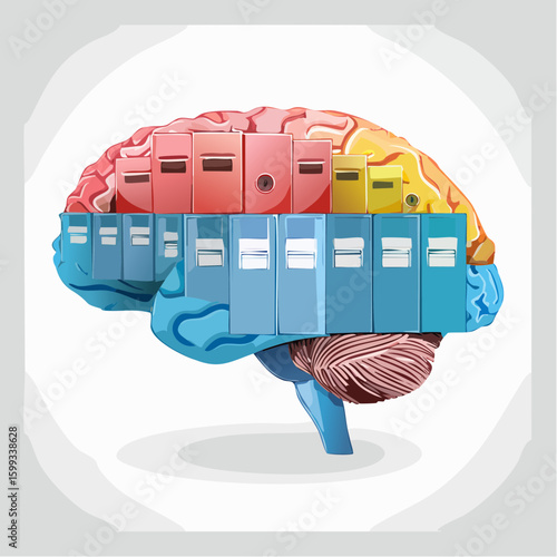 Human brain cutaway visualized as surreal file cabinets in compartments, symbolizing memory and mental storage.