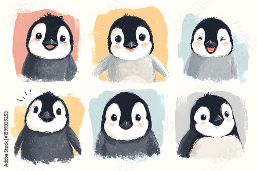 Cute Penguin Character Expressions in Playful Cartoon Style
