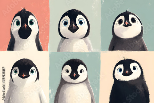 Cute Cartoon Penguins with Various Expressions in Colorful Backgrounds