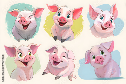 Colorful Cartoon Pig Faces in Various Expressions and Emotions