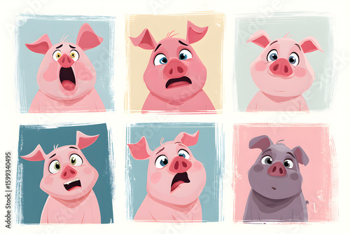 Emotional Expressions of Cartoon Pig Characters in Six Panels