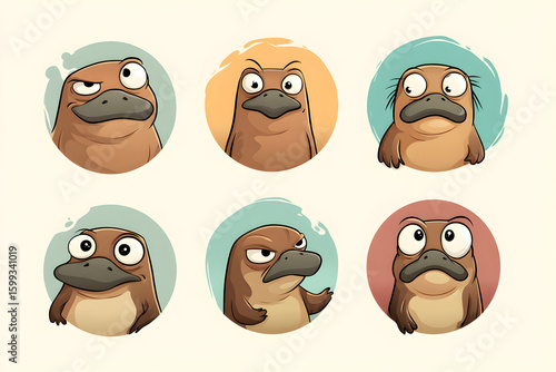 Playful Cartoon Platypus Characters with Various Expressions and Poses