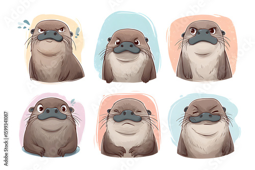 Playful Otters Expressing Varied Emotions in Cartoon Style