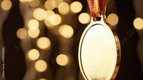 Wallpaper Mural Close Up Golden Medal Hanging on Red Ribbon with Blurred Golden Bokeh Lights in the Background Symbolizing Achievement Torontodigital.ca