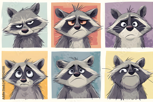 Six Expressive Raccoon Faces in Colorful Cartoon Style