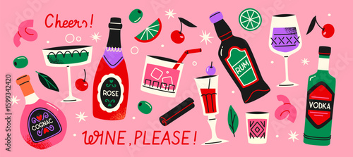 Assorted alcoholic beverages, cocktail glasses, and bottles shown in a flat cartoon style isolated on a pink background. Concept of party celebration. Vector illustrations set