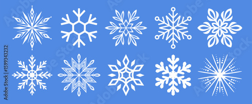 A collection of ten unique white snowflakes in different symmetrical styles, displayed on a vibrant blue background. Concept of winter and cold weather. Vector illustrations set