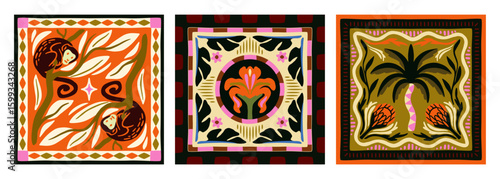 Three colorful tropical tile, scarf, square seamless pattern designs with tropical themes including monkeys, flowers, and palm trees in bold, stylized graphic style. Vector illustrations set