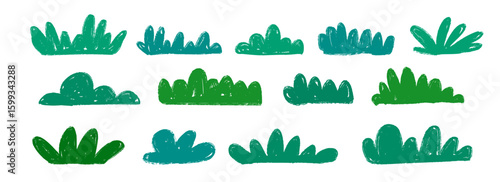 Hand drawn bushes and grass collection. Green crayon shrubbery set. Doodled shrub shapes bundle. Pencil sketched foliage elements. Scribbled cartoon greenery plant pack. Vector illustration