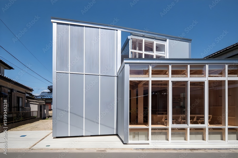 Fototapeta premium Modern House Minimalist PVC Urban Japanese Style Sunny Weather Bright Views Simple Design Nice Ambiance Cool Appeal (AI-Generated)