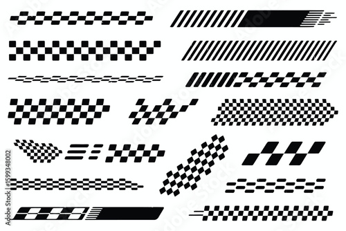 Checkered Flag Designs and Racing Stripe Graphics for Finish Line Speed and Motorsport Vector Illustrations

