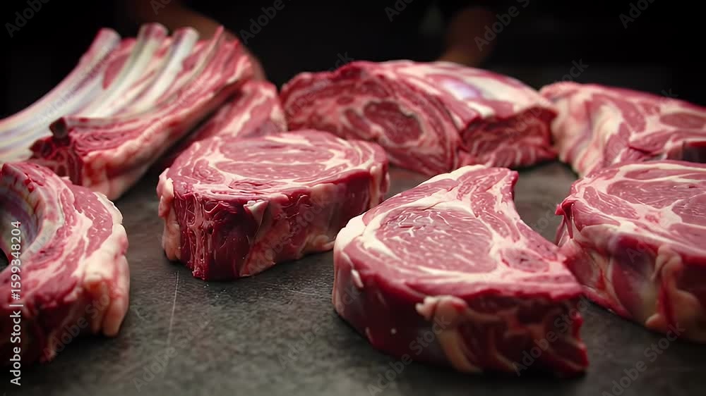 Assorted Raw Red Meat Cuts Featuring Ribs and Steaks on Dark Surface Food Prep Assorted Raw Red Meat Cuts Featuring Ribs and Steaks on Dark Surface Food Prep