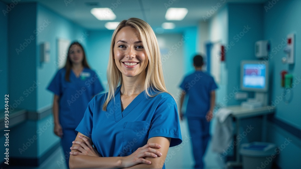 Fototapeta premium Confident female nurse smiling in hospital hallway healthcare team background medical professionals clinic staff uniform blue scrubs healthcare worker front line hospital interior friendly expression 