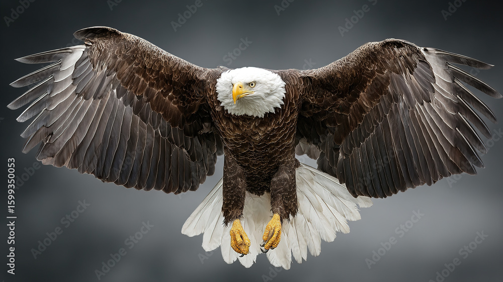 Fototapeta premium A majestic bald eagle soaring through a dramatic golden-hued sky.