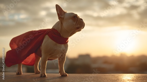 A canine crusader gazes heroically into the golden horizon, a playful embodiment of bravery and loyalty. A doggo with a big heart!