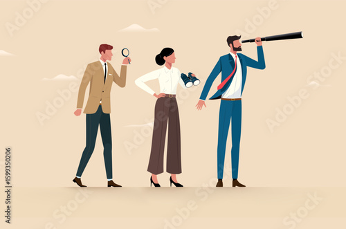 Group of business people led by a leader look forward in search of something. Vector business concept in cartoon style.