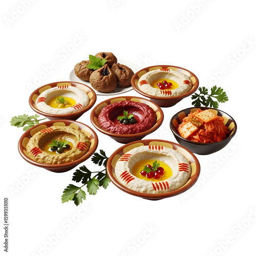 Assorted Middle Eastern Dips and Kibbeh.