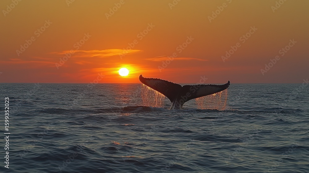 Fototapeta premium Whale's Tail Sunset Silhouette: An Ocean Majesty at Dusk