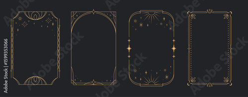 A set of four elegant art deco golden frames with celestial and floral and esoteric motifs with moon, sun, in thin line style, displayed on a dark background. Vector illustration